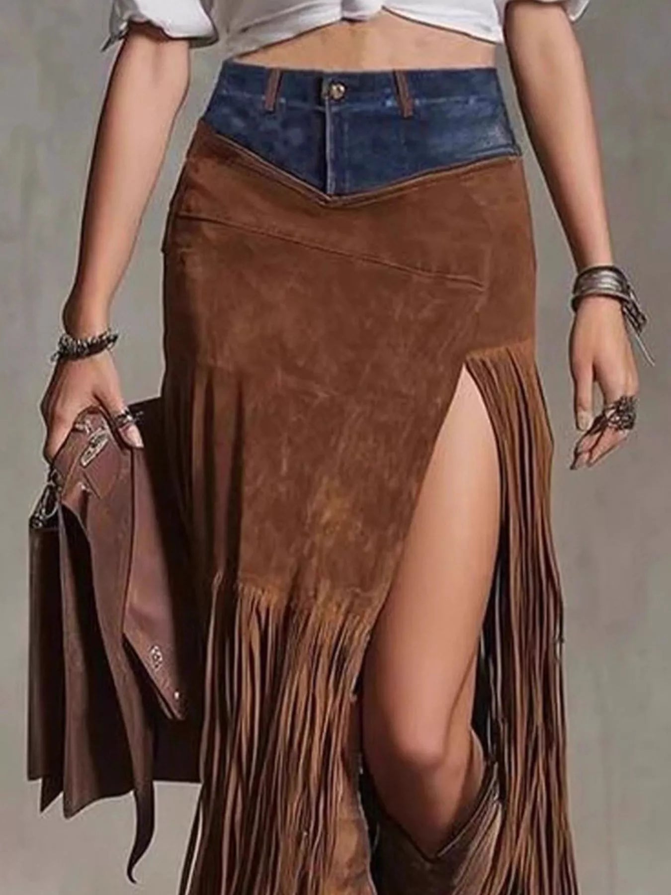 Denim Patchwork Fringe Maxi Skirt - TrendNest