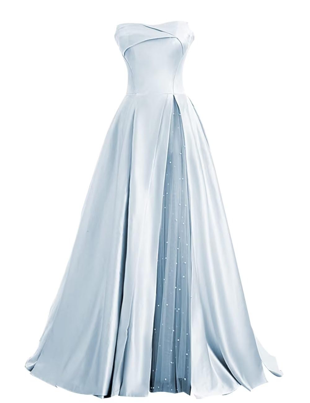 ZSWWYibo Strapless Princess Satin Ball Gown A-line Evening Party Dresses Long Pearl Embellished Formal Adult Prom Dresses Sky Blue