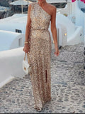Sequin One - Shoulder Slit Maxi Dress - TrendNest
