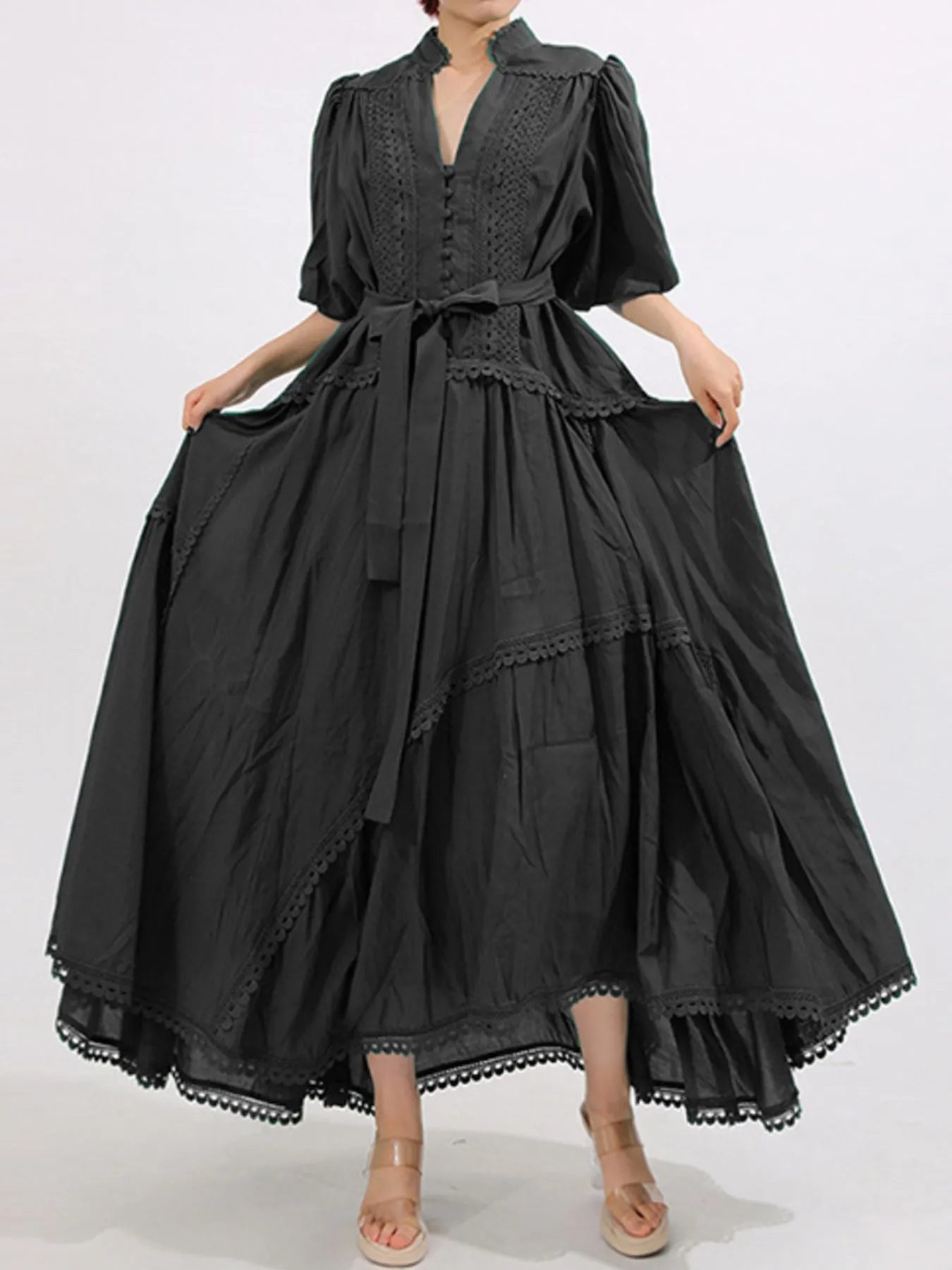 Lace Detail Notched Puff Sleeve Maxi Dress - TrendNest