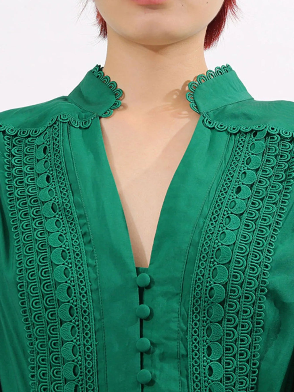 Lace Detail Notched Puff Sleeve Maxi Dress - TrendNest
