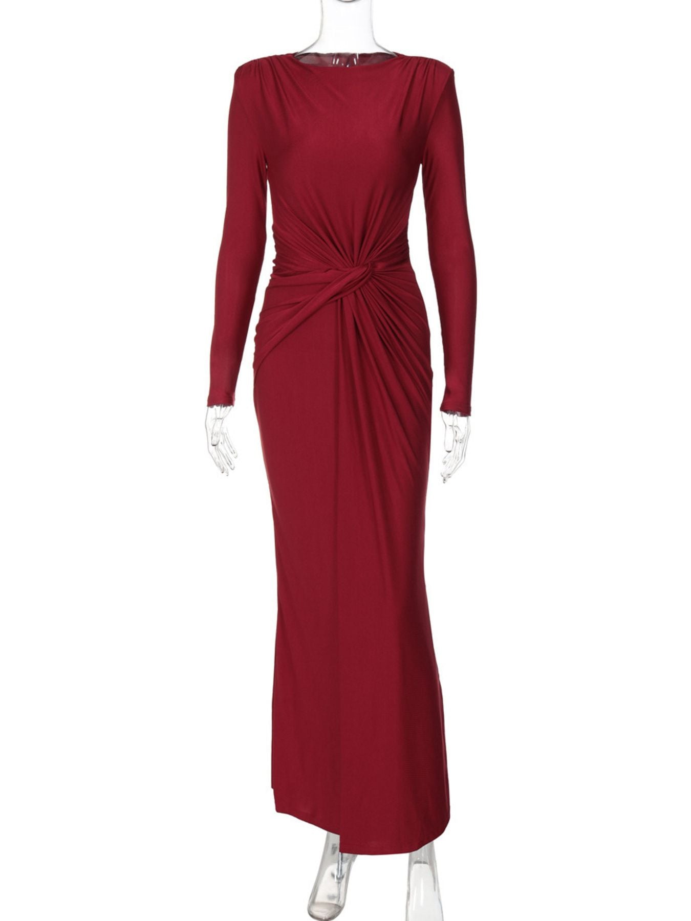 Ruched Knot Front Long Sleeve Maxi Dress - TrendNest