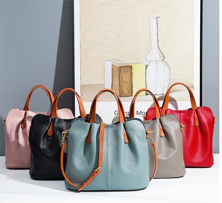 Genuine Leather Women's Shoulder Tote Bag, Color Block Design