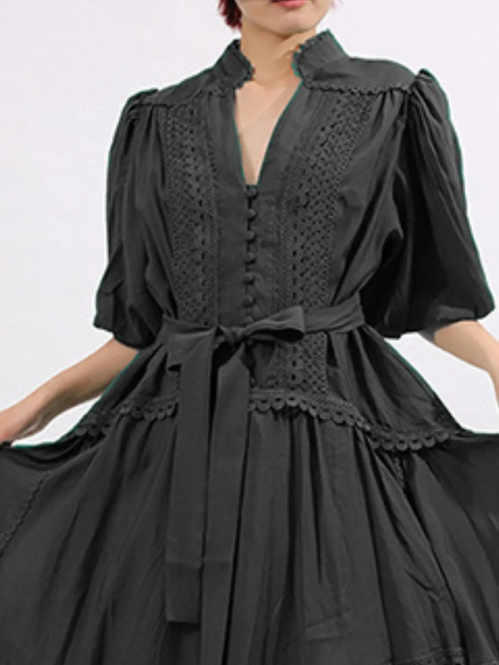 Lace Detail Notched Puff Sleeve Maxi Dress - TrendNest