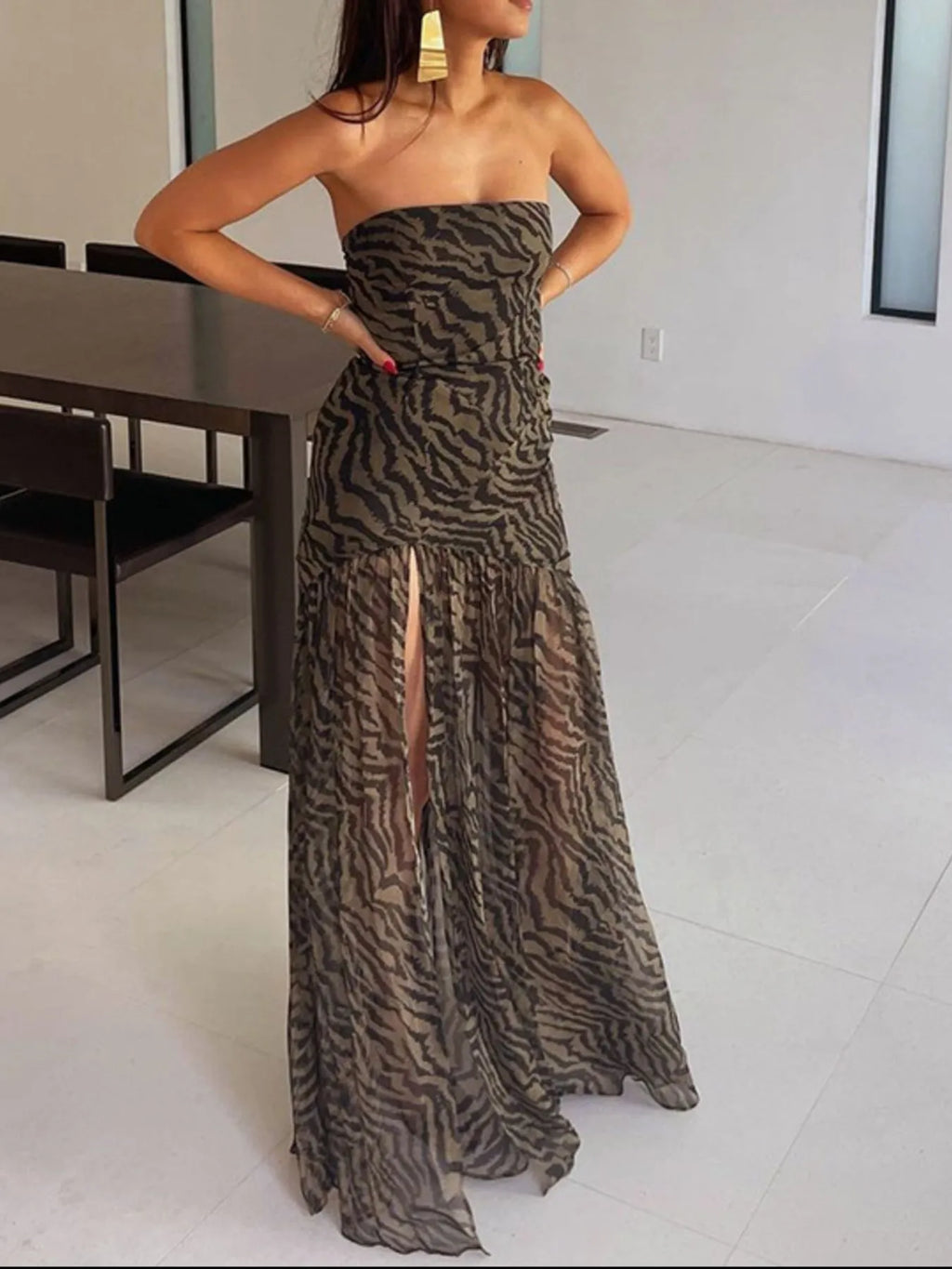 Zebra Print Maxi Dress with Side Slit - TrendNest