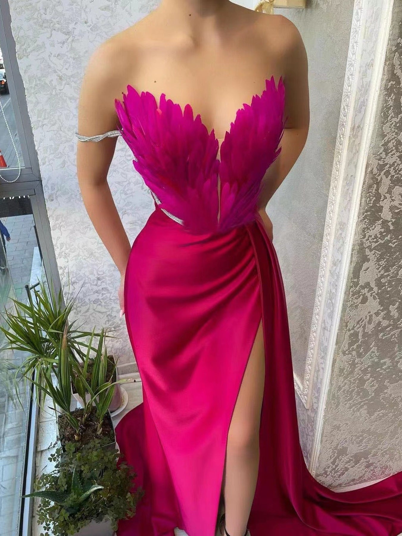 Feather Embellished Slit Maxi Dress - TrendNest