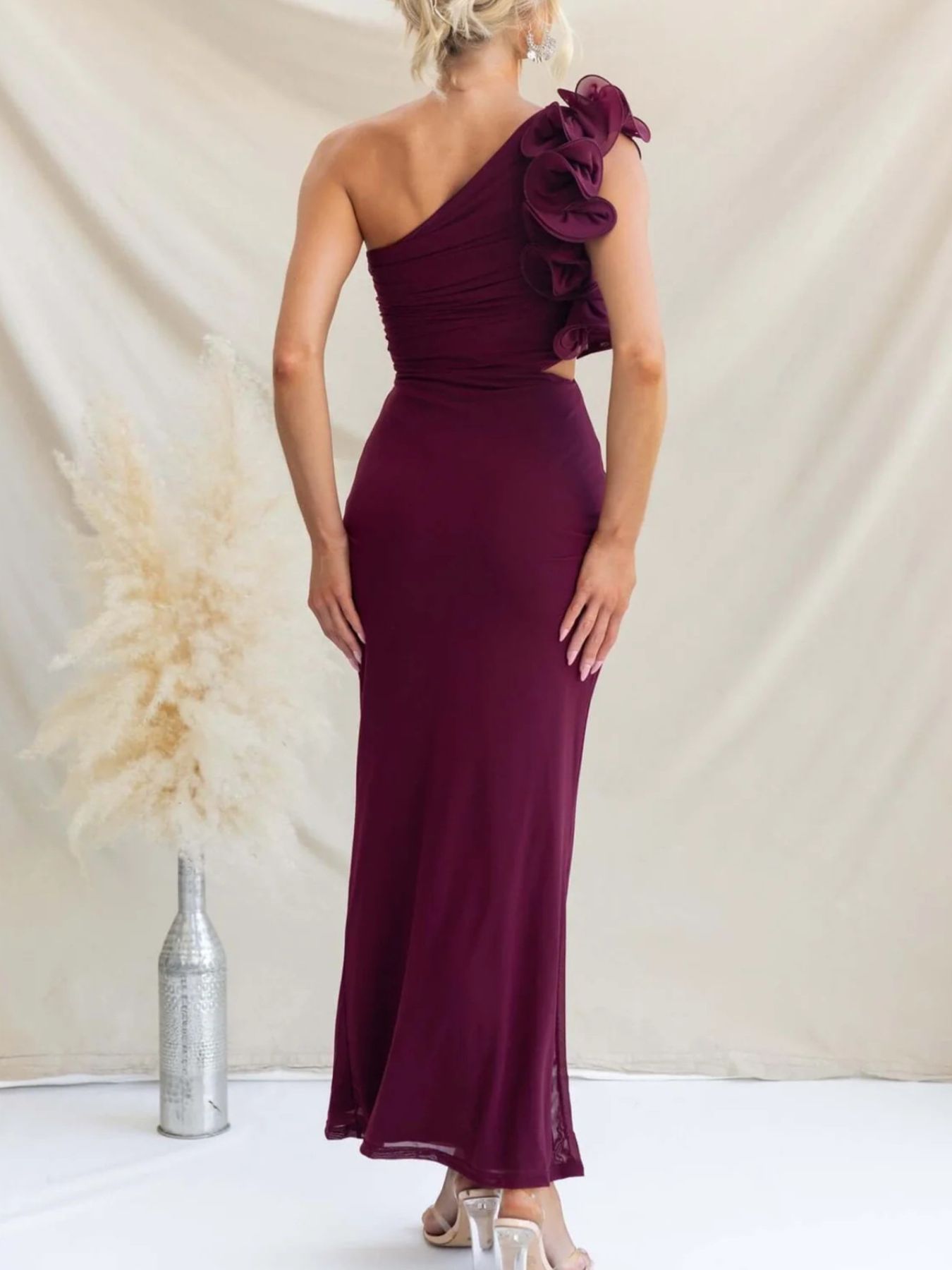 One - Shoulder Floral Trim Sleeveless Maxi Dress - TrendNest