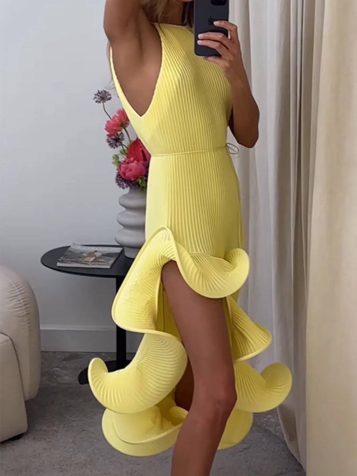 Ruffle Hem Ribbed Sleeveless Dress - TrendNest