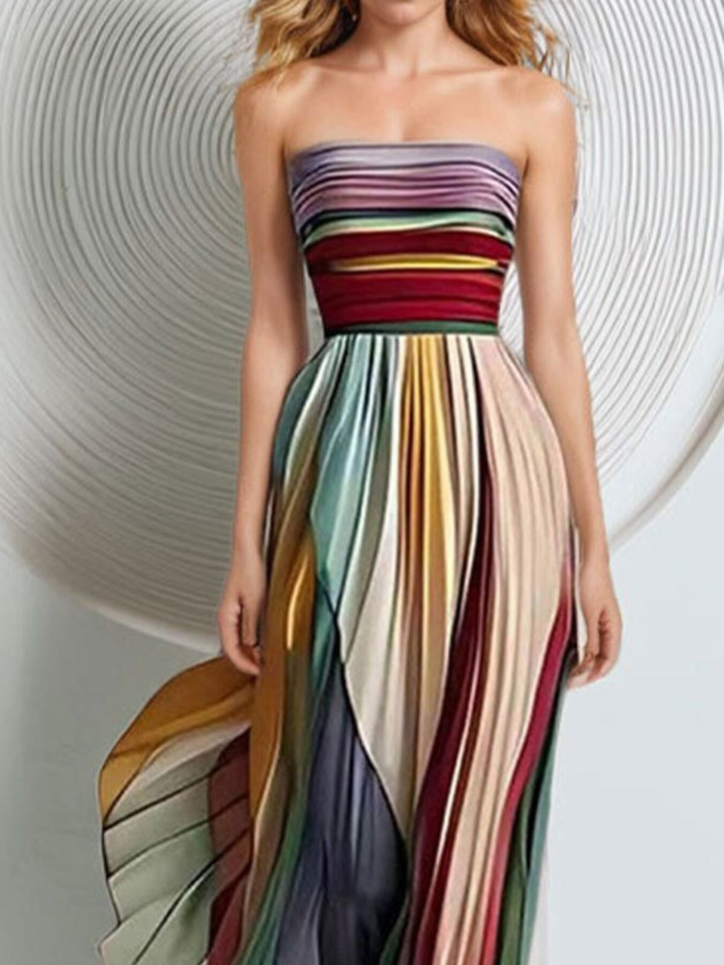Striped Pleated Strapless Maxi Dress - TrendNest