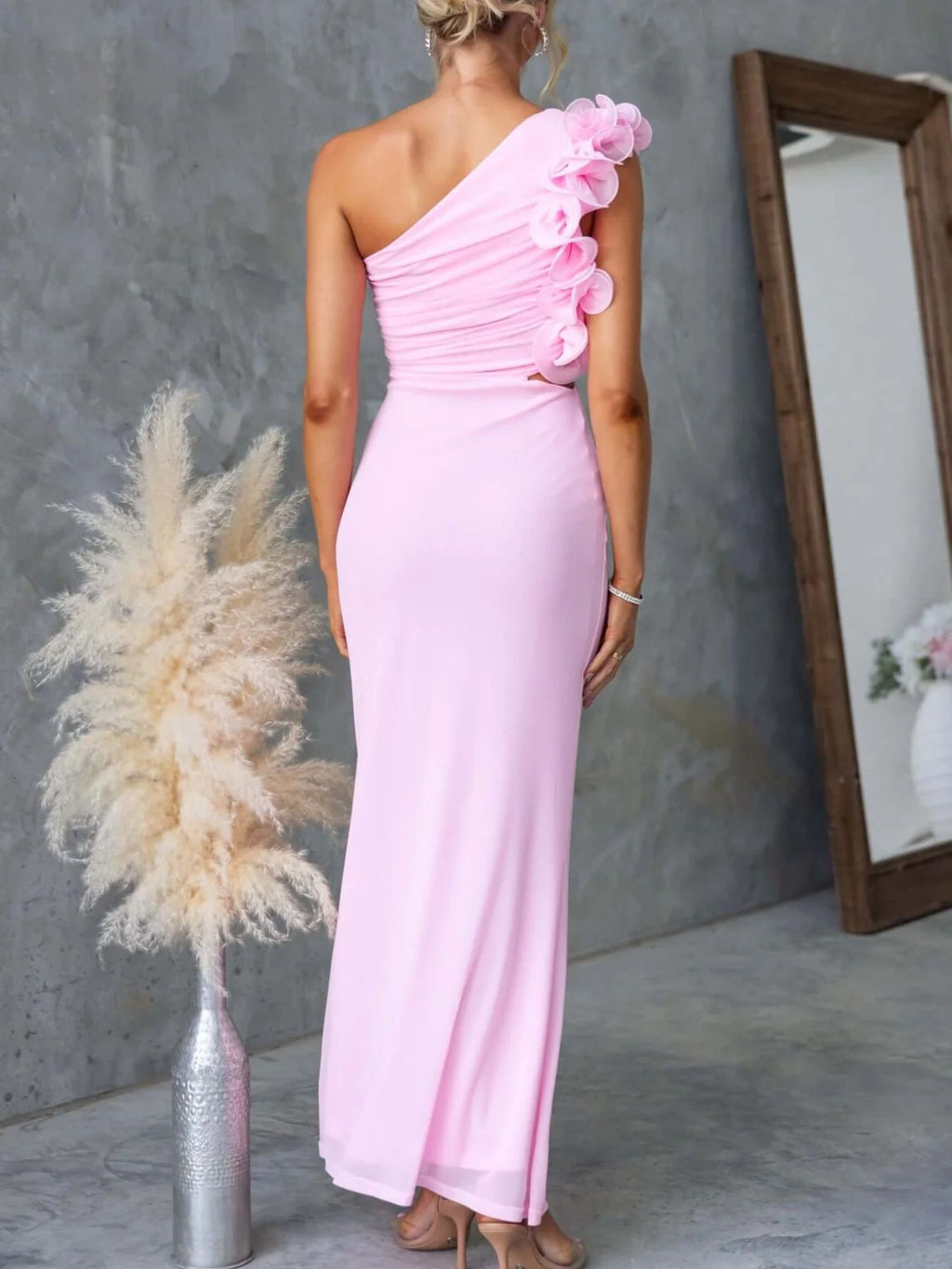 One - Shoulder Floral Trim Sleeveless Maxi Dress - TrendNest