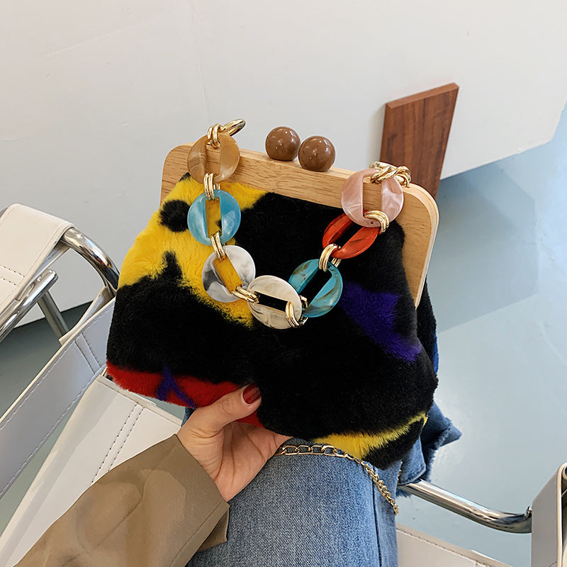 Fashion Women's Plush Messenger Bag with Thick Chain