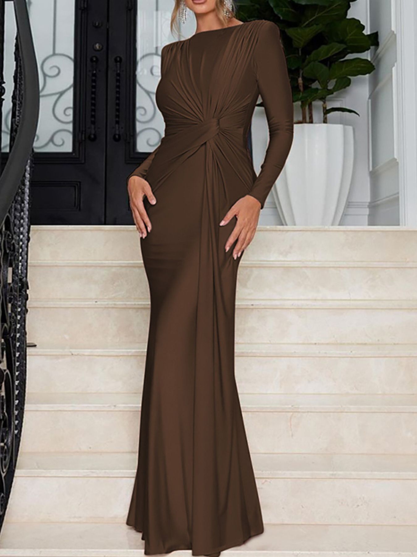 Ruched Knot Front Long Sleeve Maxi Dress - TrendNest