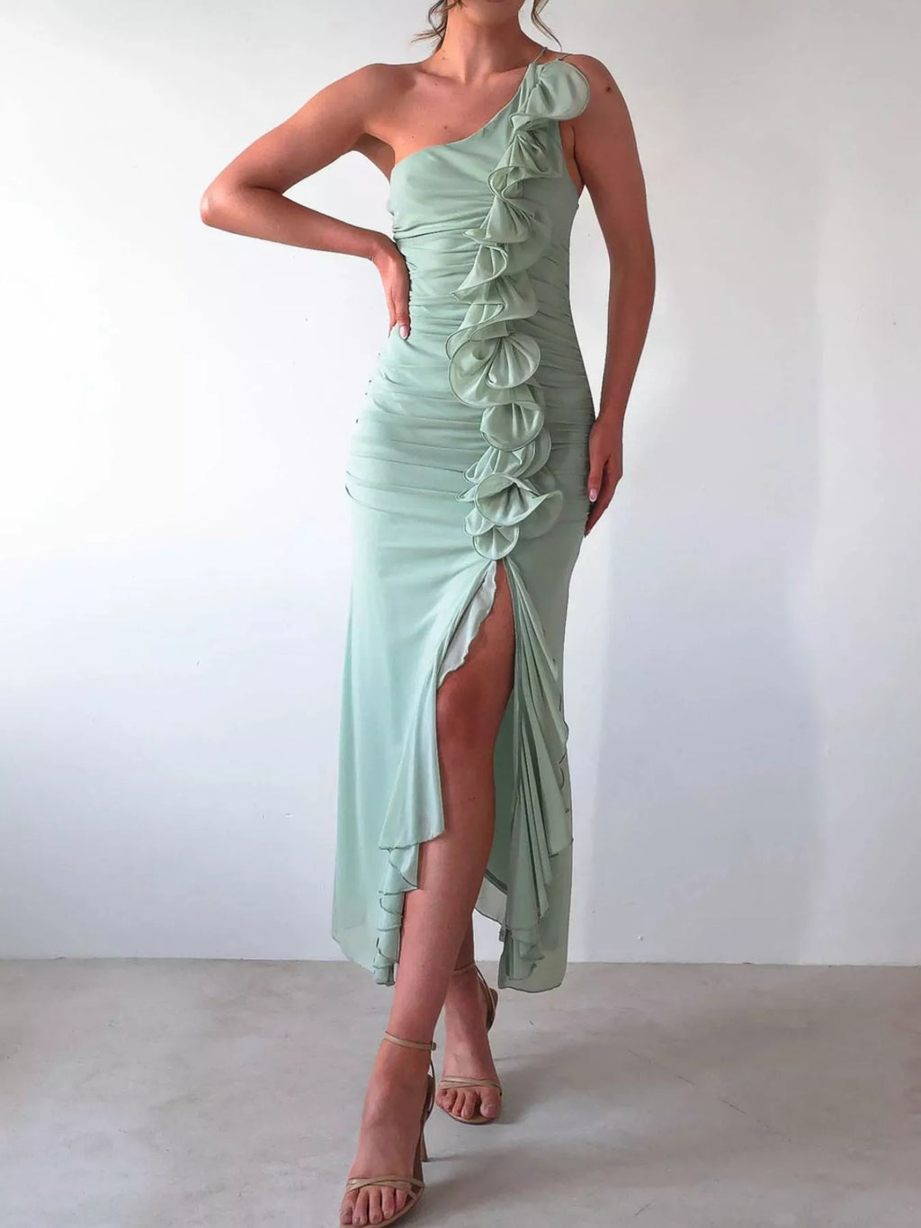 One - Shoulder Ruffle Slit Dress - TrendNest