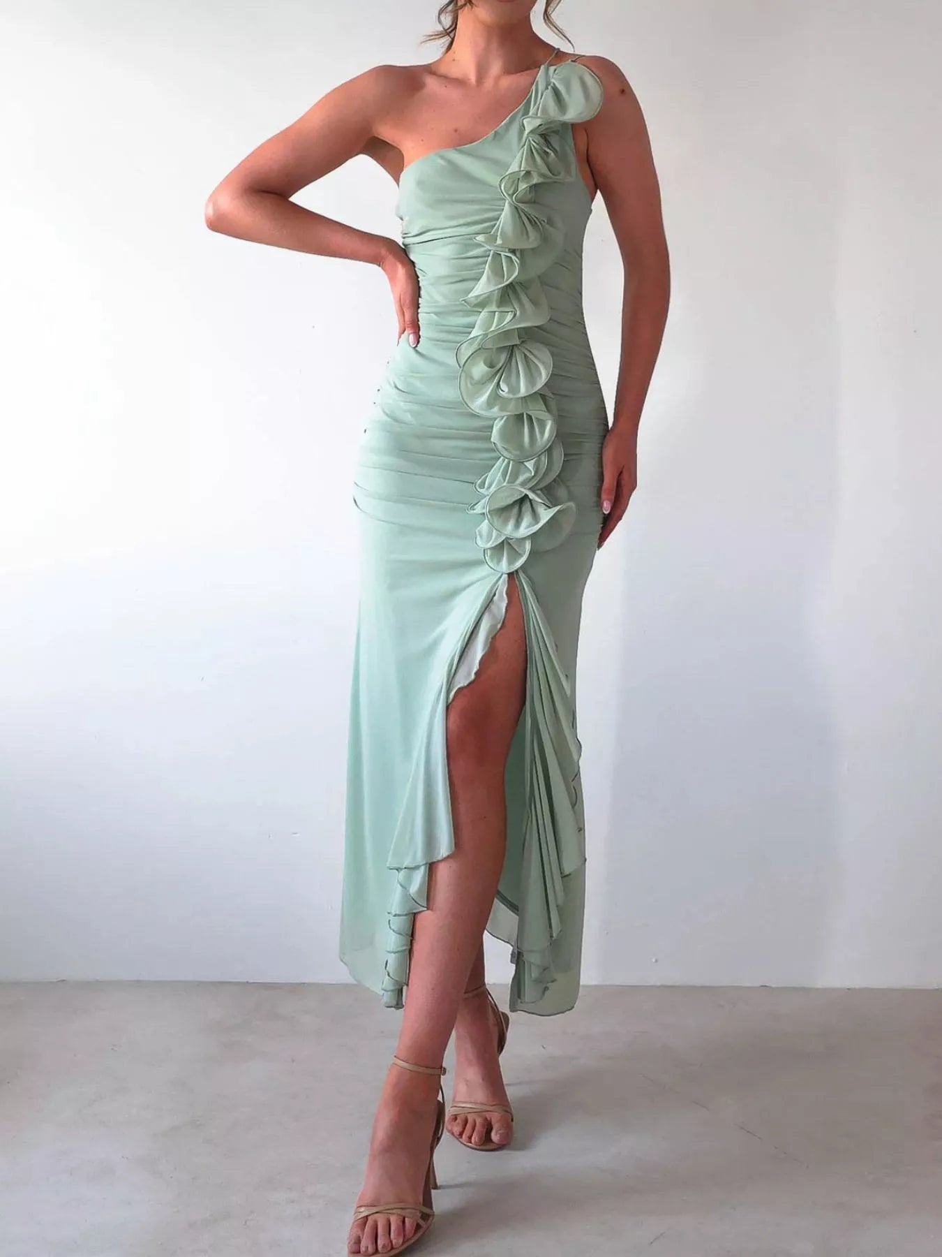 One - Shoulder Ruffle Slit Dress - TrendNest
