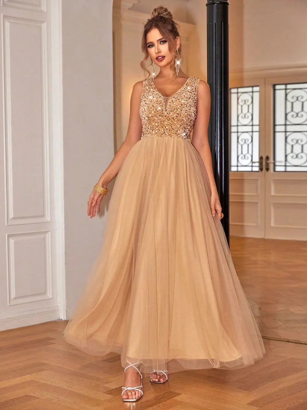Sequin V - Neck Sleeveless Dress - TrendNest