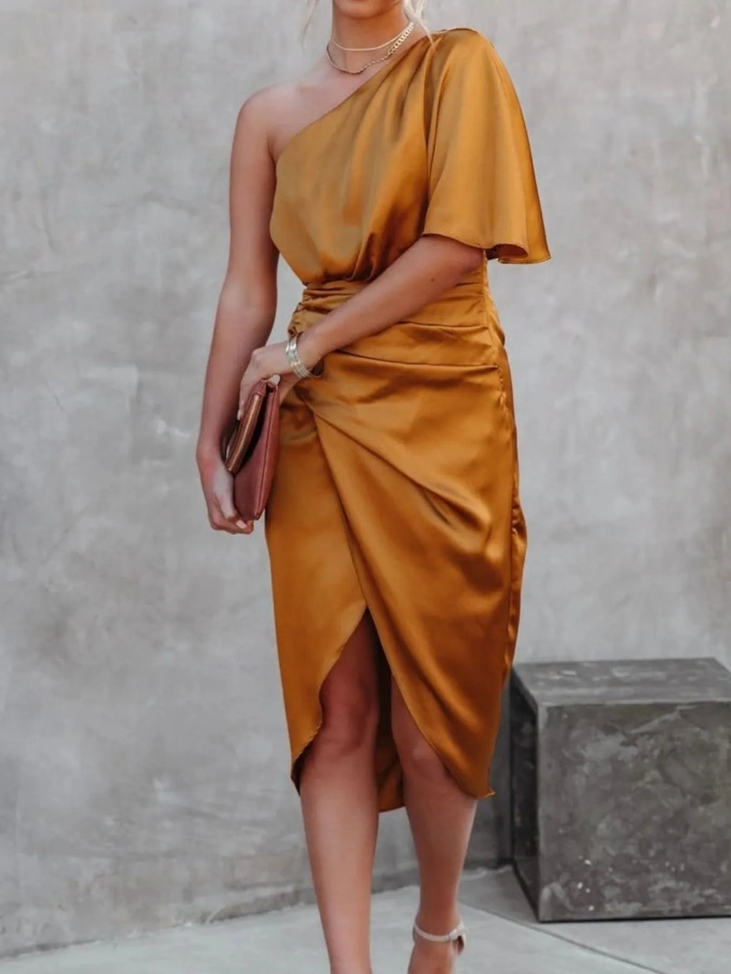 One - Shoulder Satin Wrap Dress with Side Slit - TrendNest