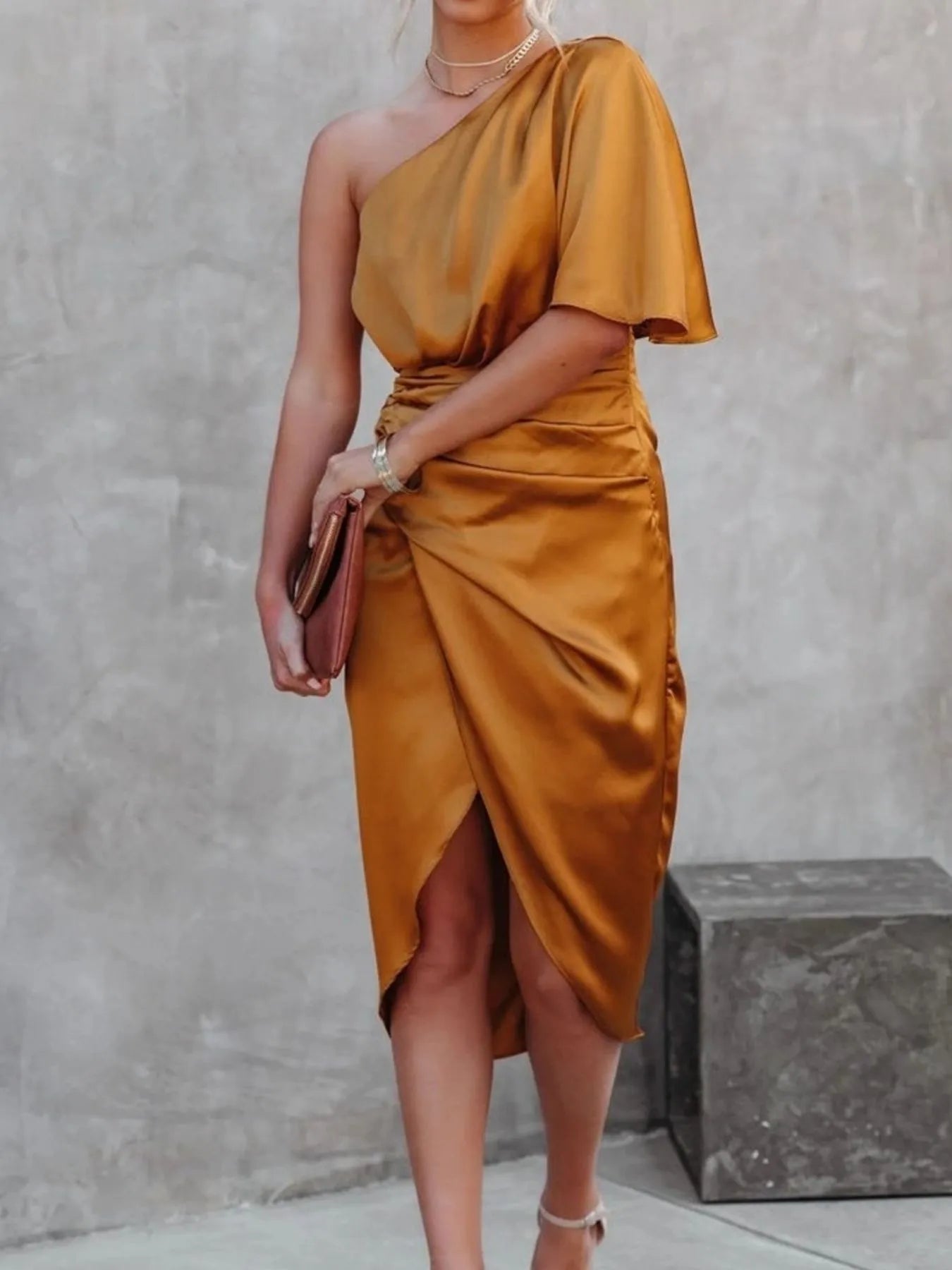 One - Shoulder Satin Wrap Dress with Side Slit - TrendNest