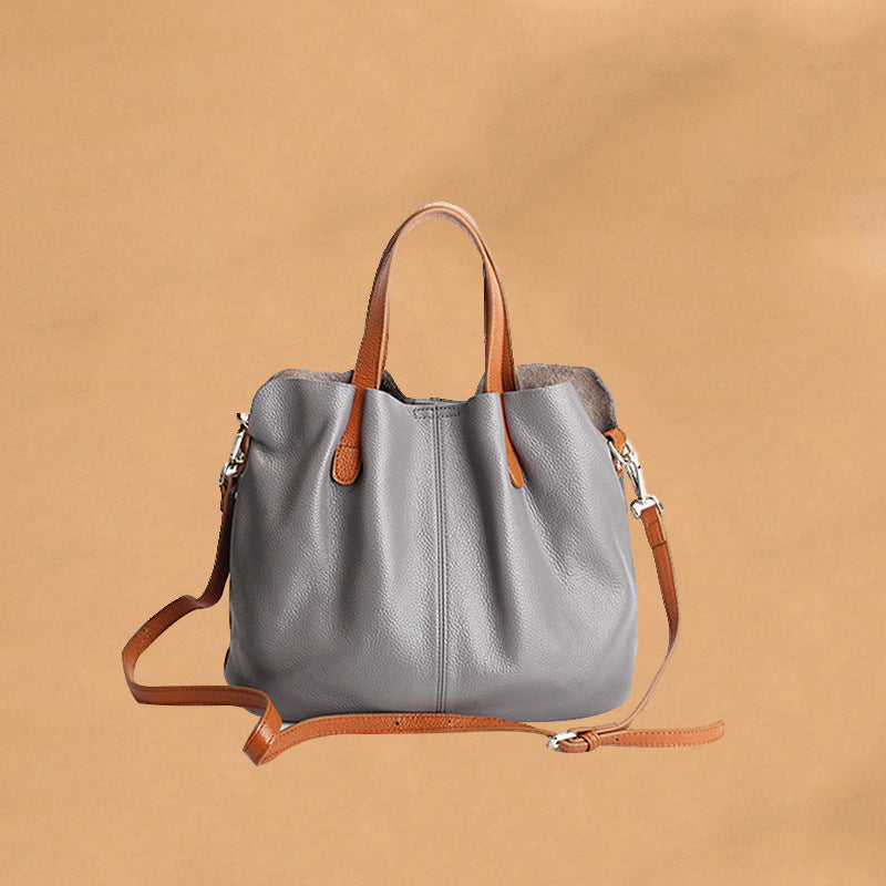 Genuine Leather Women's Shoulder Tote Bag, Color Block Design