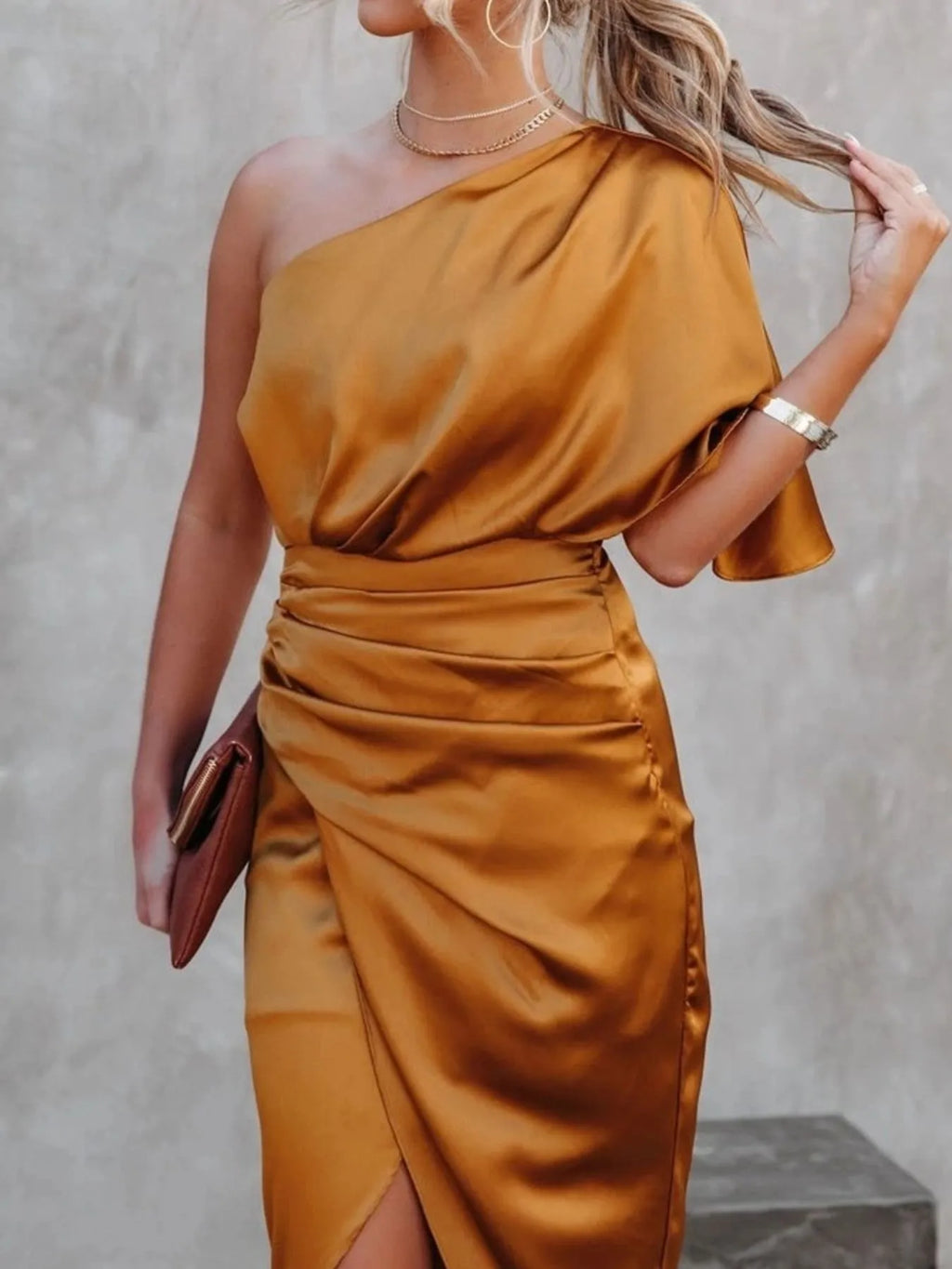 One - Shoulder Satin Wrap Dress with Side Slit - TrendNest