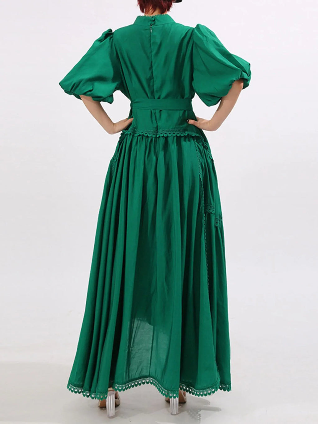 Lace Detail Notched Puff Sleeve Maxi Dress - TrendNest