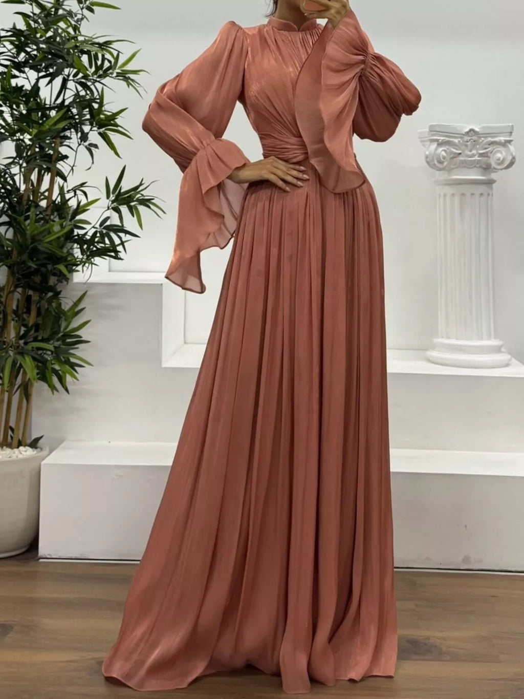 Pleated Mock Neck Long Sleeve Maxi Dress - TrendNest