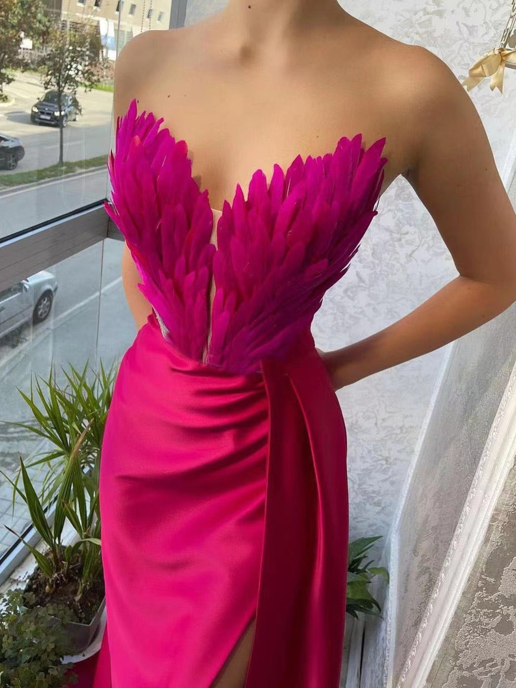 Feather Embellished Slit Maxi Dress - TrendNest