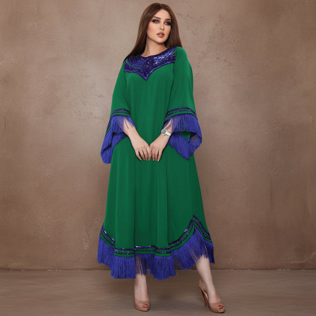 Morocco Women Sequins Tassel Muslim Abaya Kaftan Evening Dress