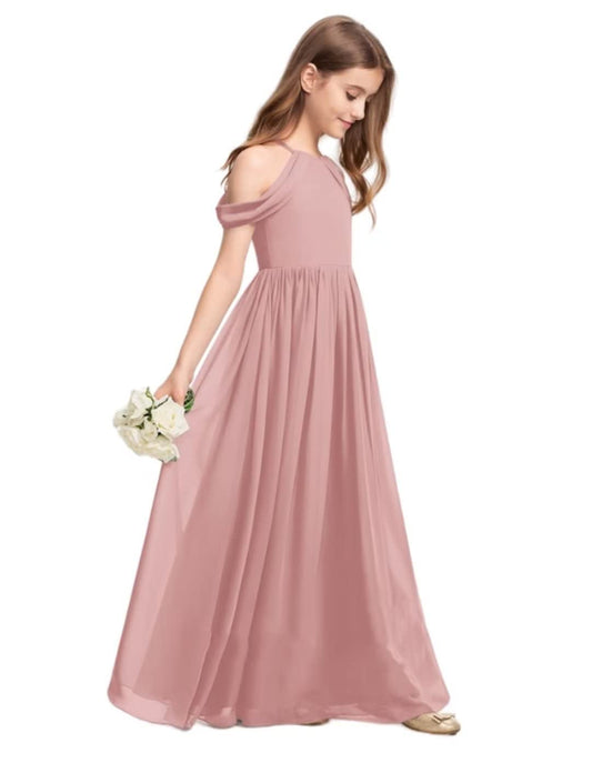 Kismissal Blush Off-Shoulder Junior Bridesmaid Dresses Long Chiffon Flower Girl Dress for Teen Girls Party Pageant Gowns Halter Size 4