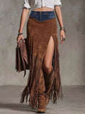 Denim Patchwork Fringe Maxi Skirt - TrendNest