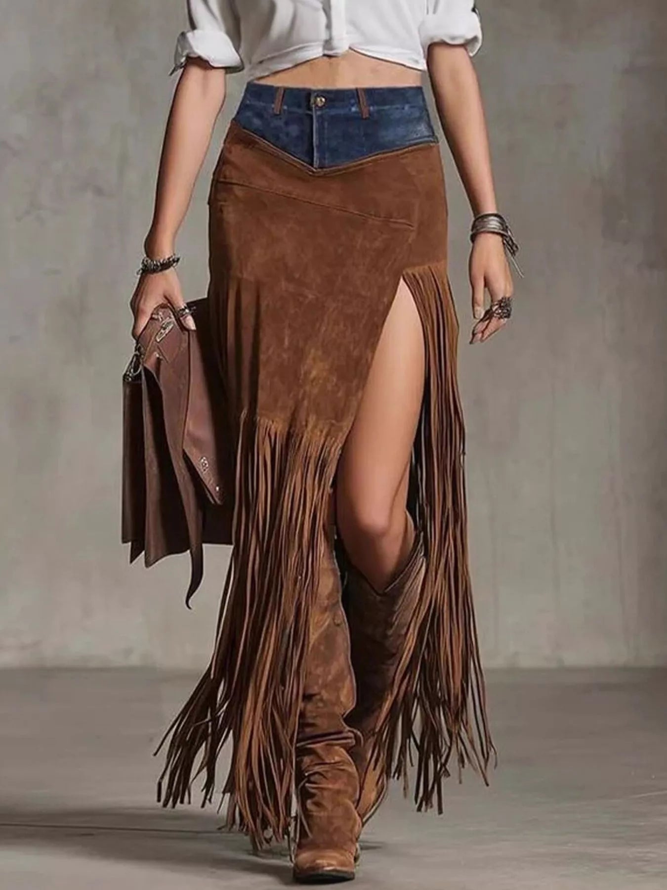 Denim Patchwork Fringe Maxi Skirt - TrendNest