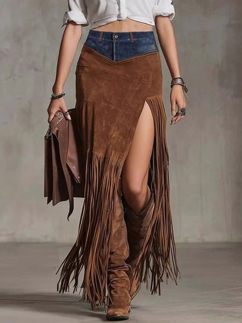 Denim Patchwork Fringe Maxi Skirt - TrendNest