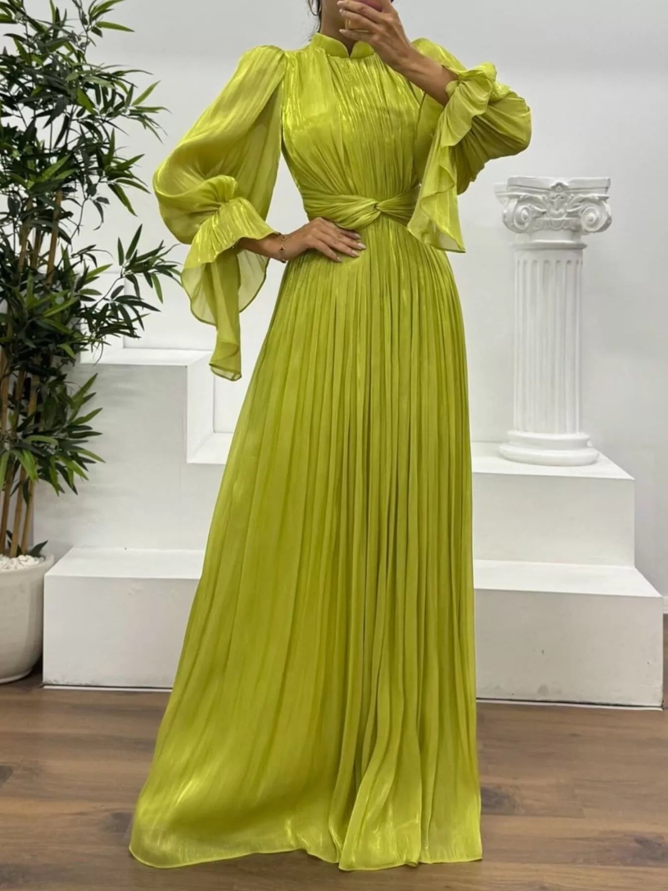 Pleated Mock Neck Long Sleeve Maxi Dress - TrendNest