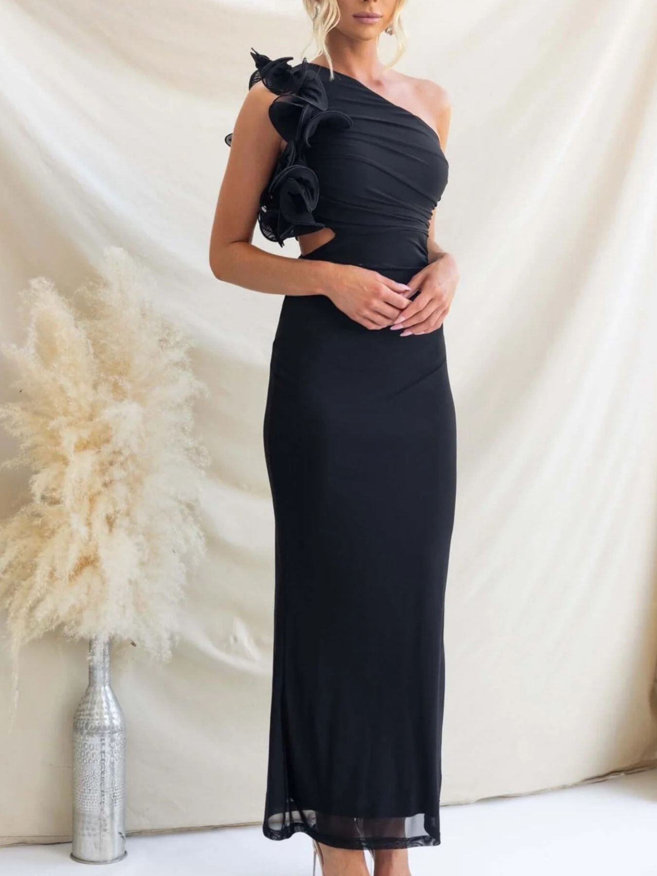 One - Shoulder Floral Trim Sleeveless Maxi Dress - TrendNest
