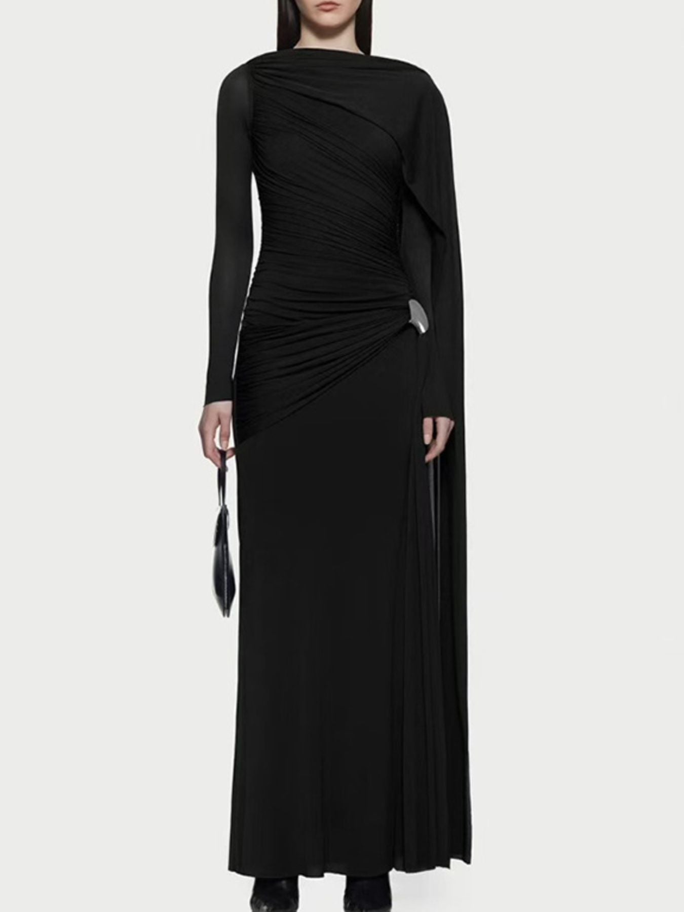 Ruched Draped Long Sleeve Maxi Dress - TrendNest