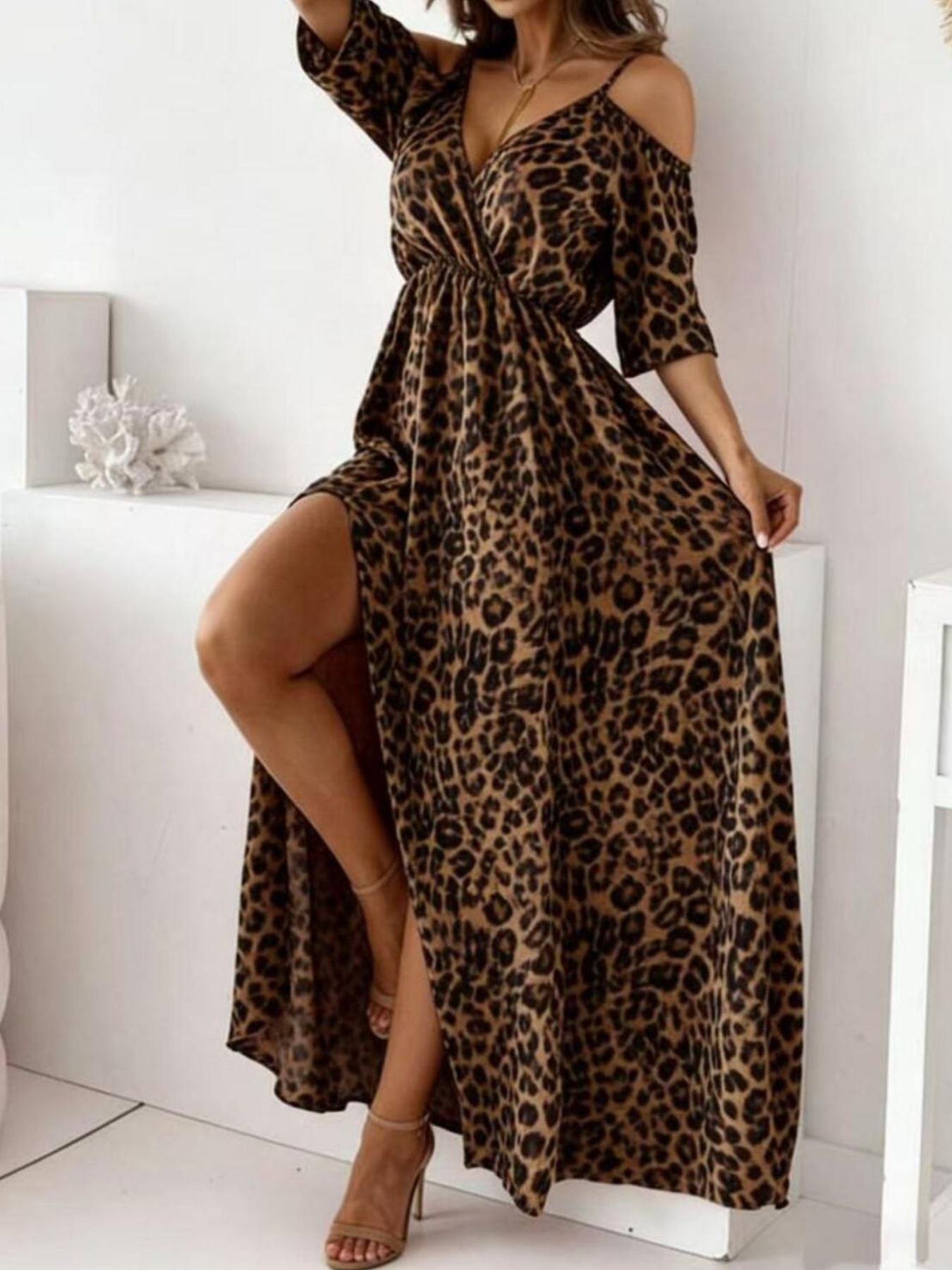 Leopard Print Cold Shoulder Slit Maxi Dress - TrendNest
