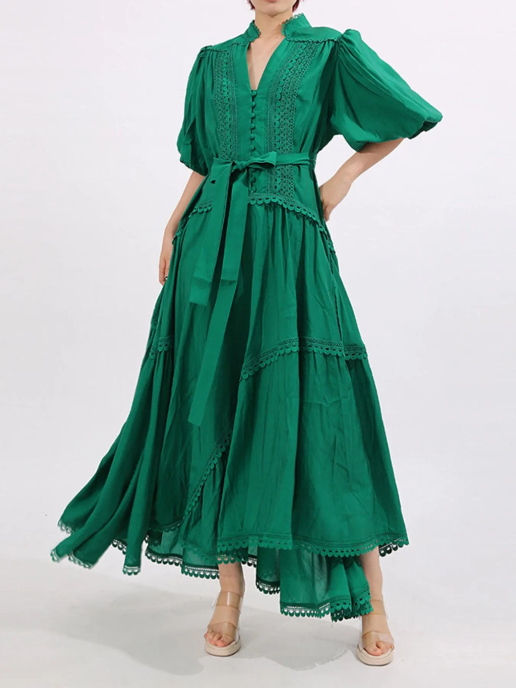 Lace Detail Notched Puff Sleeve Maxi Dress - TrendNest