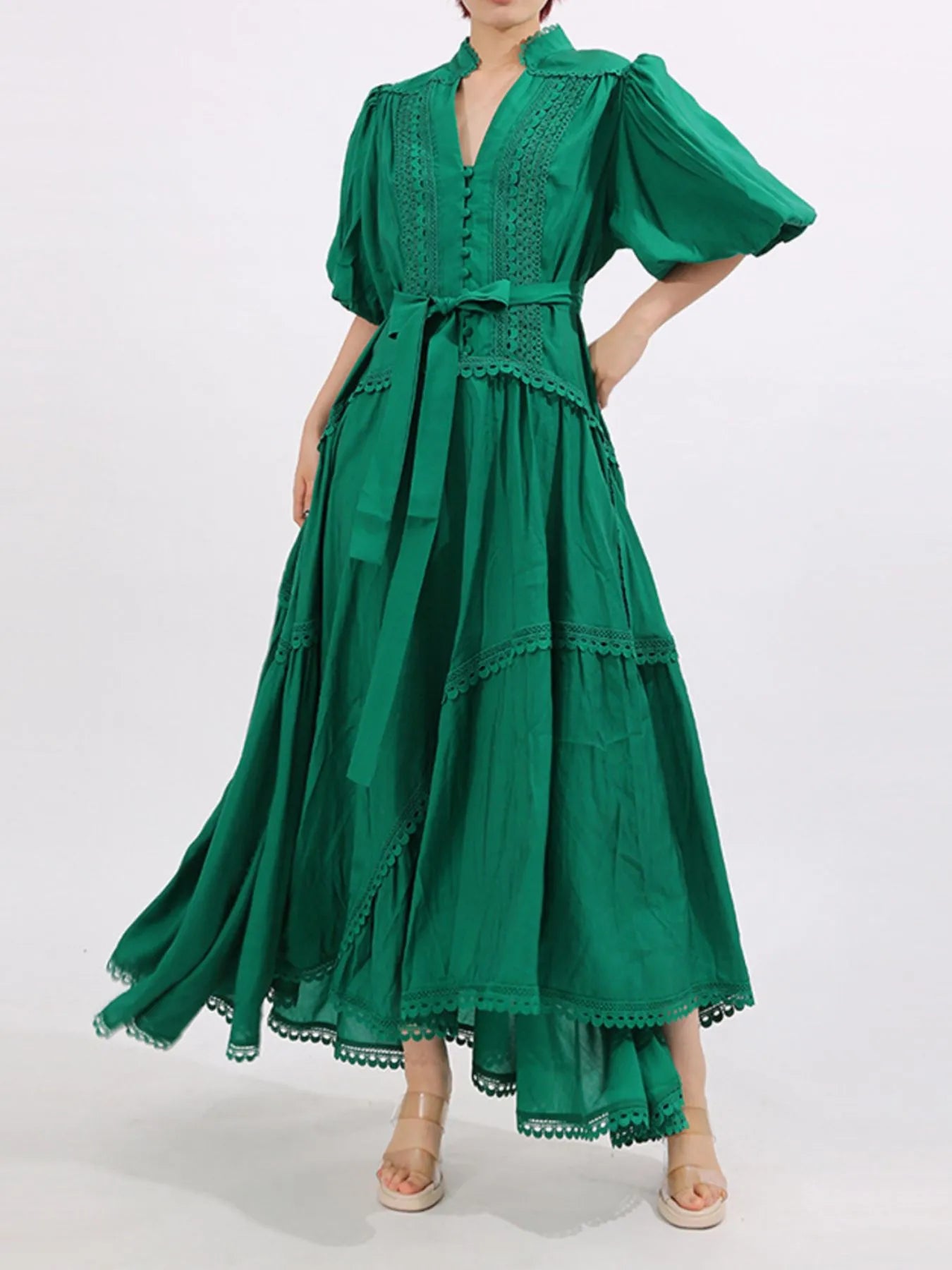 Lace Detail Notched Puff Sleeve Maxi Dress - TrendNest