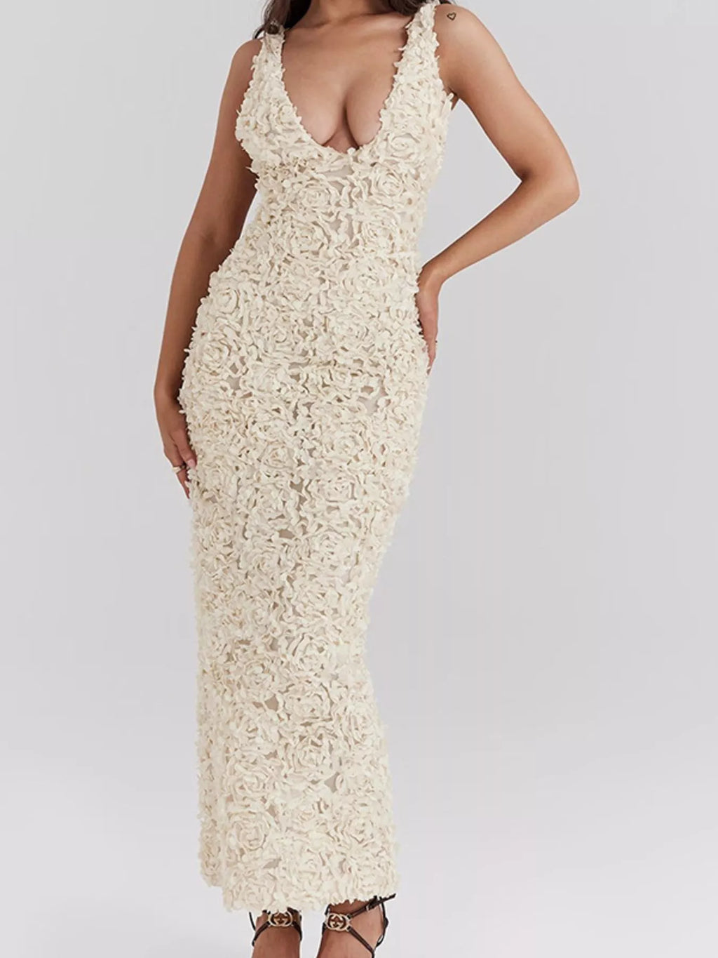 Floral Applique Deep V - Neck Maxi Dress - TrendNest