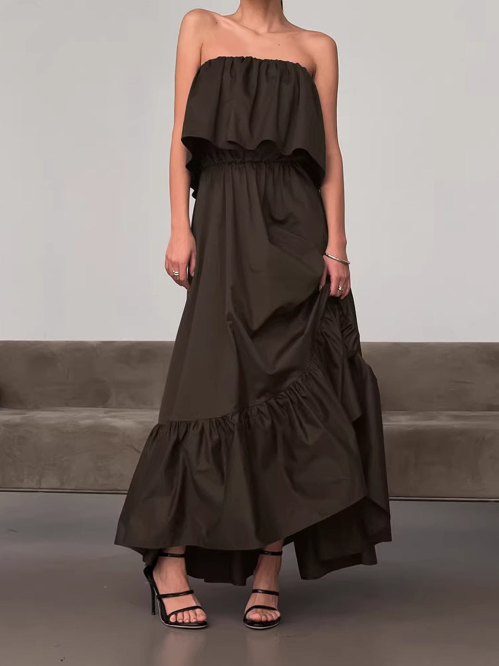 Off - Shoulder Ruffle Hem Maxi Dress - TrendNest