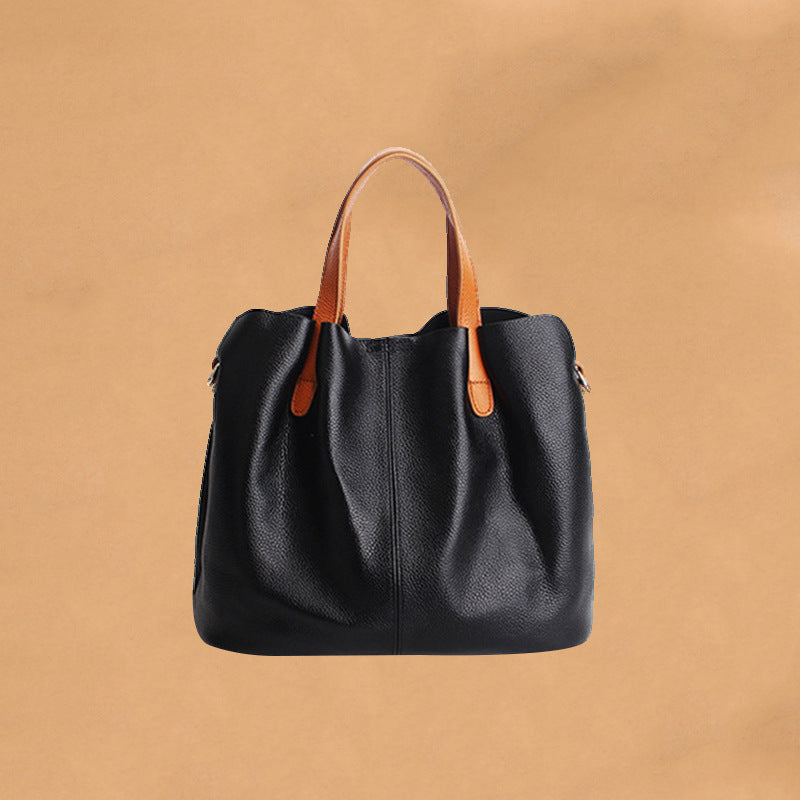 Genuine Leather Women's Shoulder Tote Bag, Color Block Design