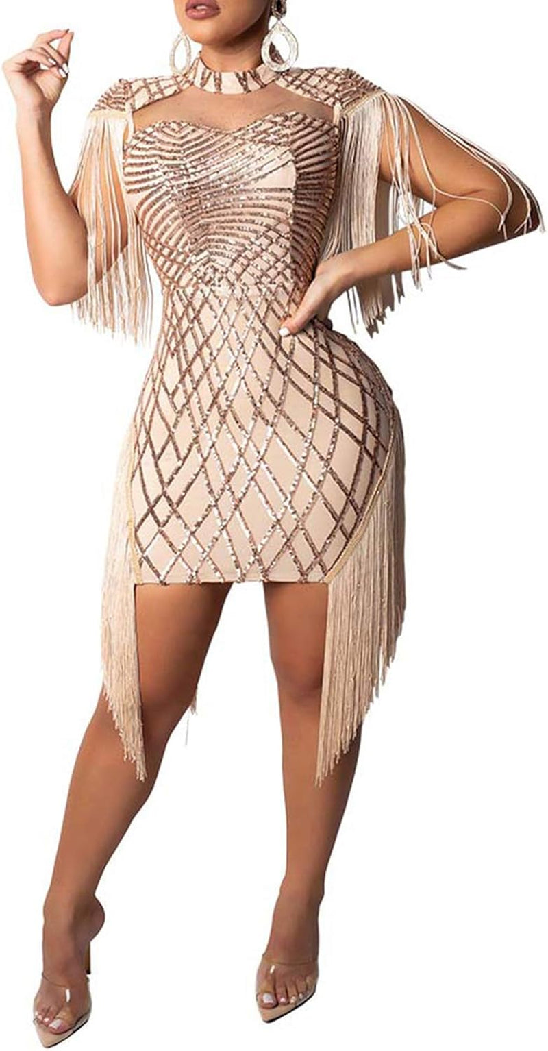 Sexy Dresses for Women Sequin Fringes Bodycon Cocktail Mini Dresses Clubwear Beige 2X