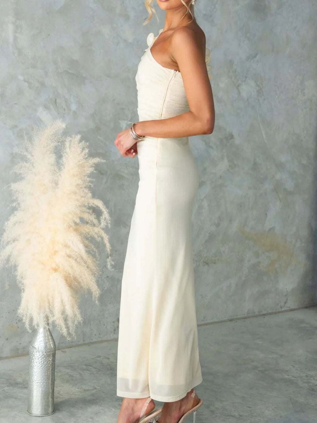 One - Shoulder Floral Trim Sleeveless Maxi Dress - TrendNest