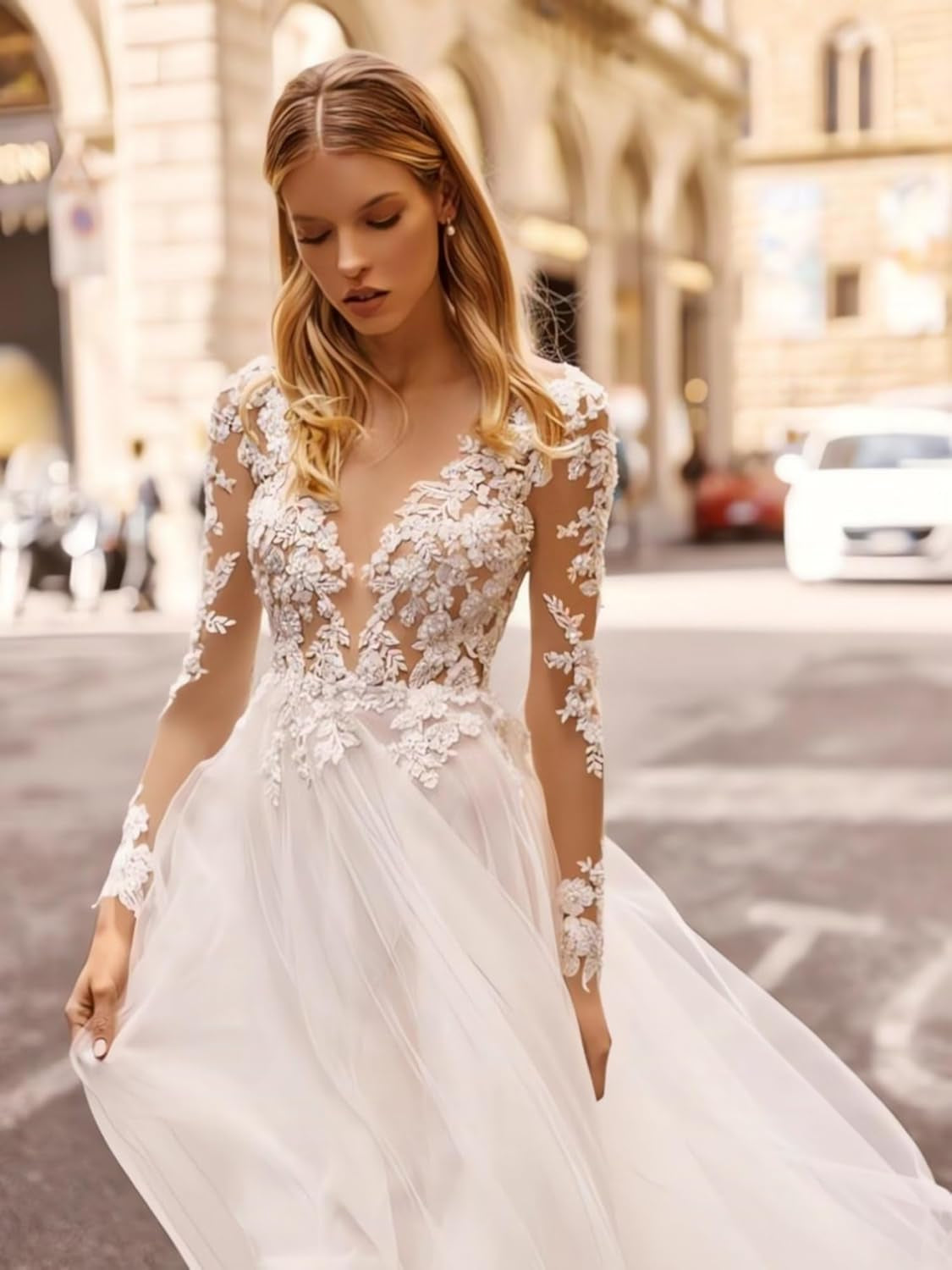 A-Line Wedding Dresses for Bride 2024 with Slit Long Sleeves Tulle Bridal Gowns Bride Dresses Ivory 18 plus Size