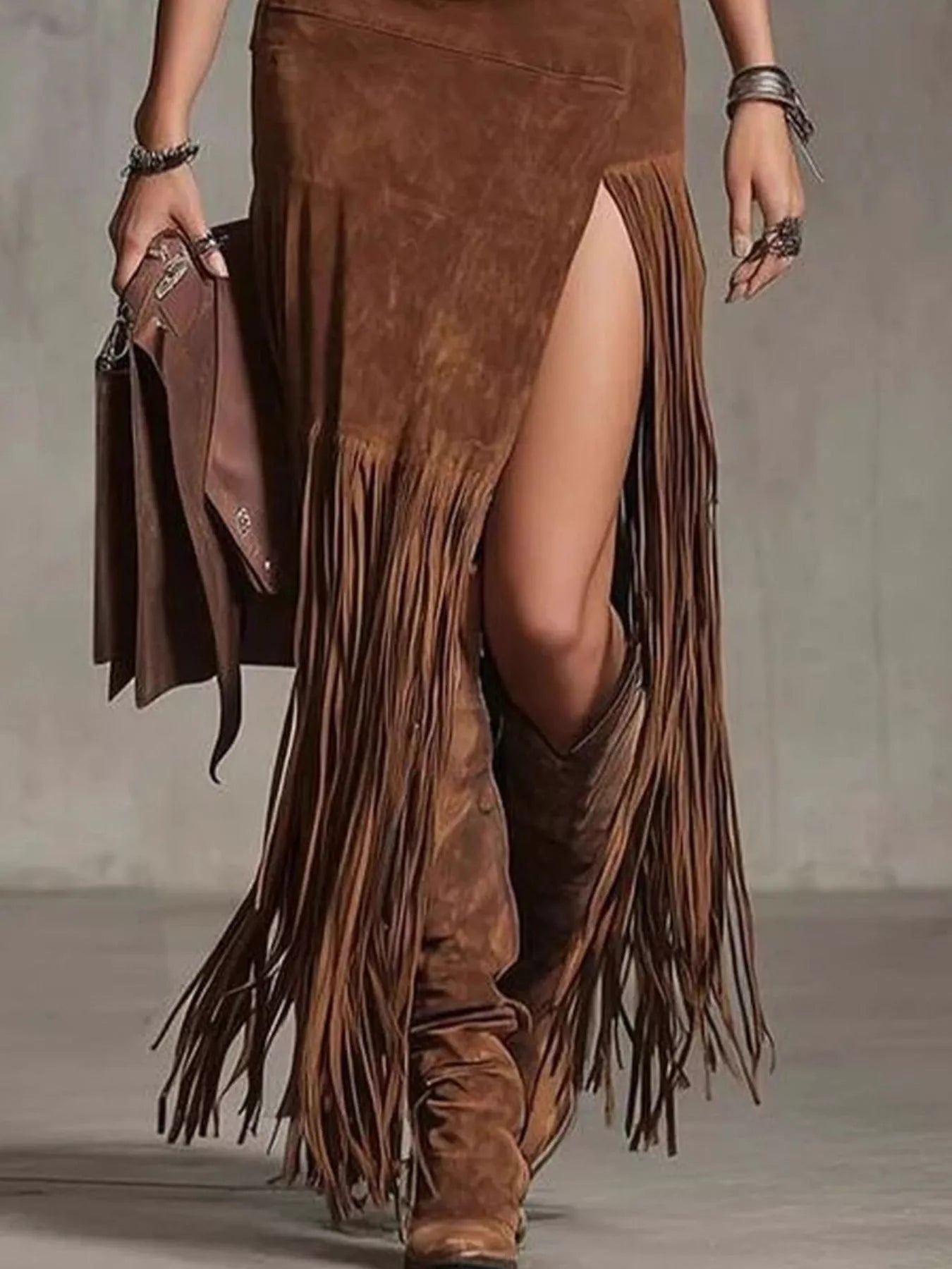 Denim Patchwork Fringe Maxi Skirt - TrendNest