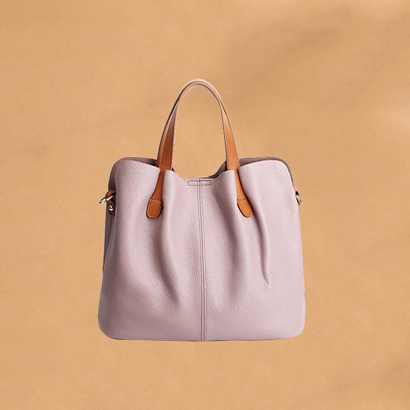 Genuine Leather Women's Shoulder Tote Bag, Color Block Design