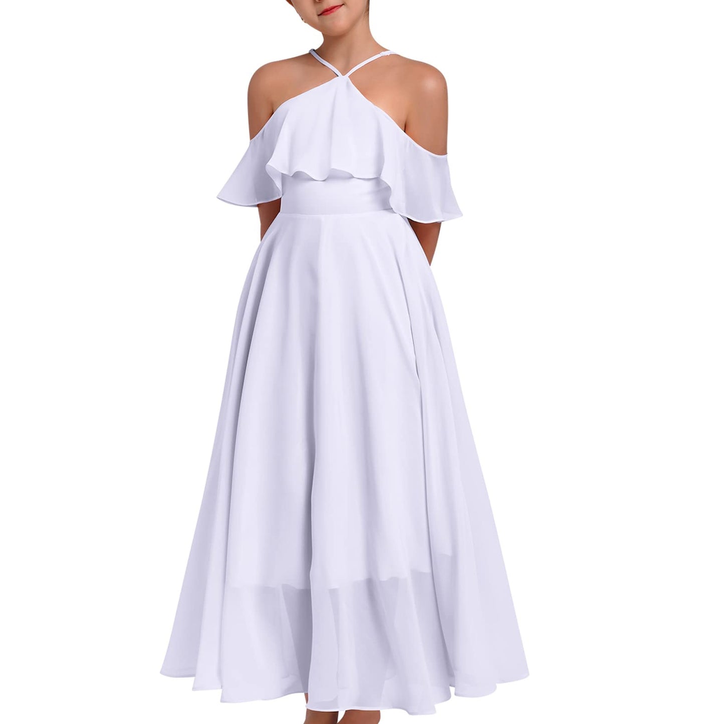 Kids Dress Girls Fancy Dress Cute Dresses for Girls Little Big Juniors Girl Bridesmaid Halter Neck Dress Wedding Flower Formal Pageant Party Dresses Chiffon Sleeveless Evening White 13-14 Years