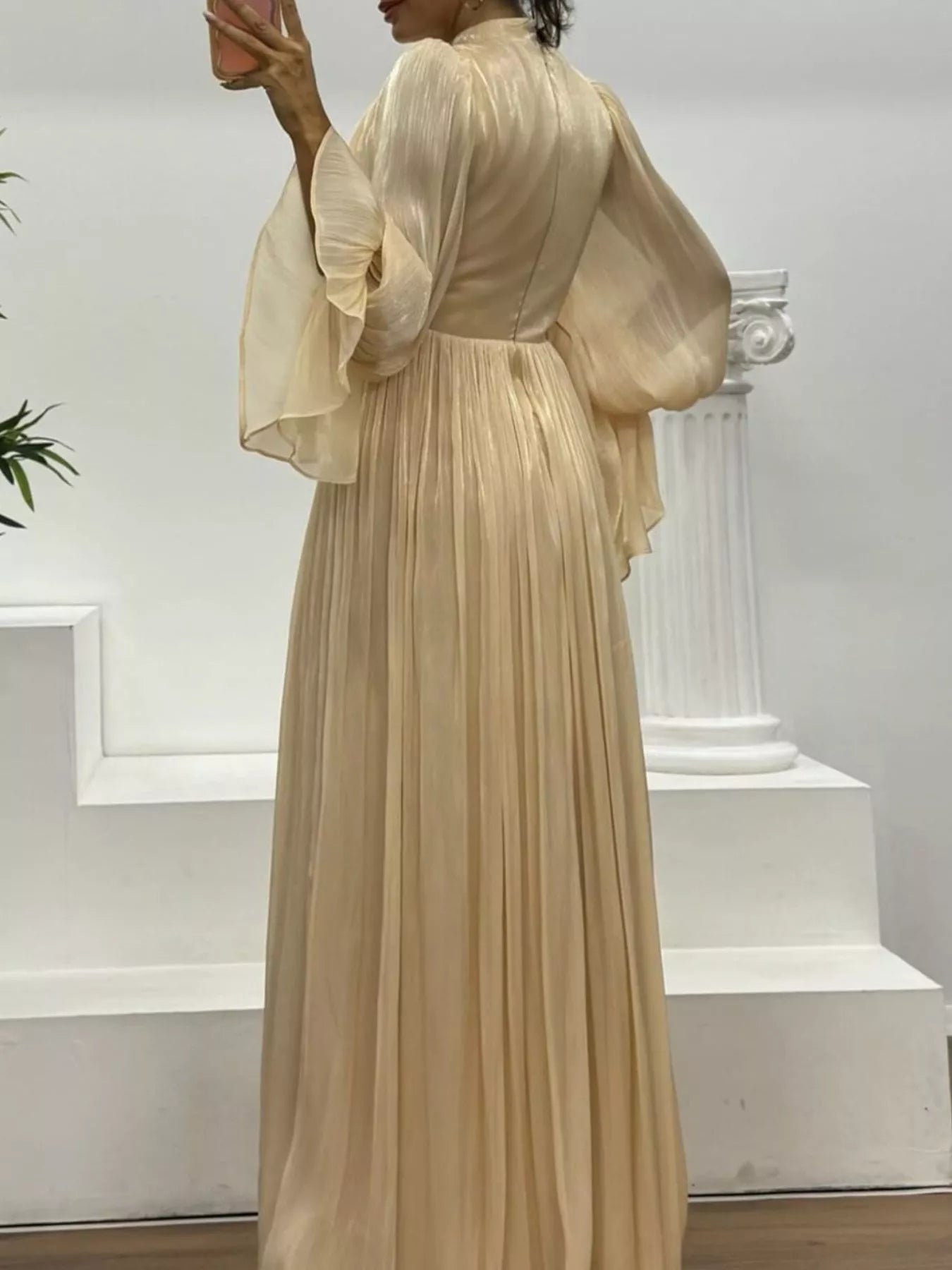 Pleated Mock Neck Long Sleeve Maxi Dress - TrendNest