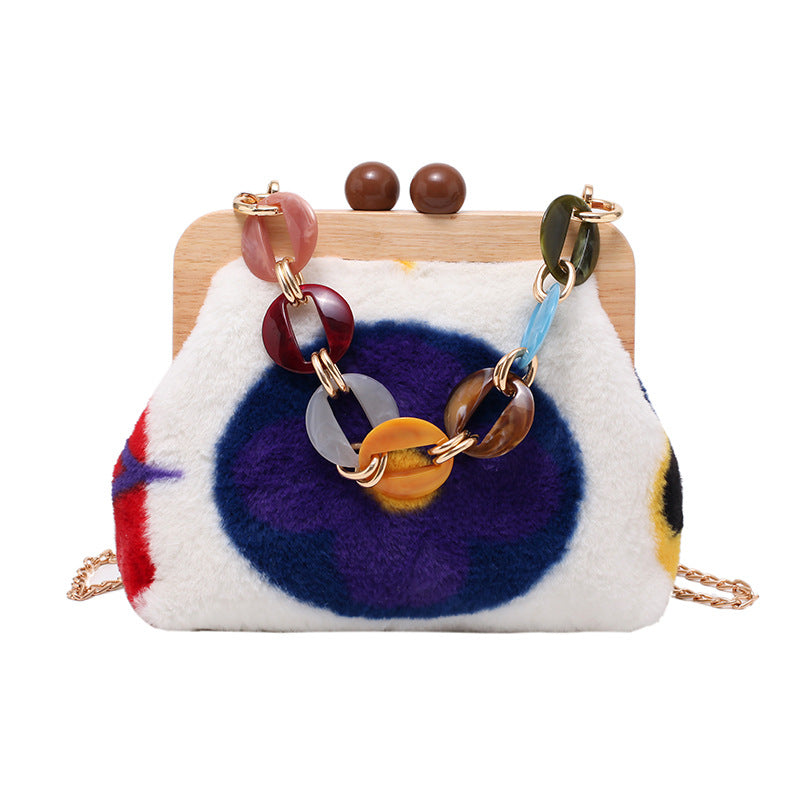 Fashion Women's Plush Messenger Bag with Thick Chain