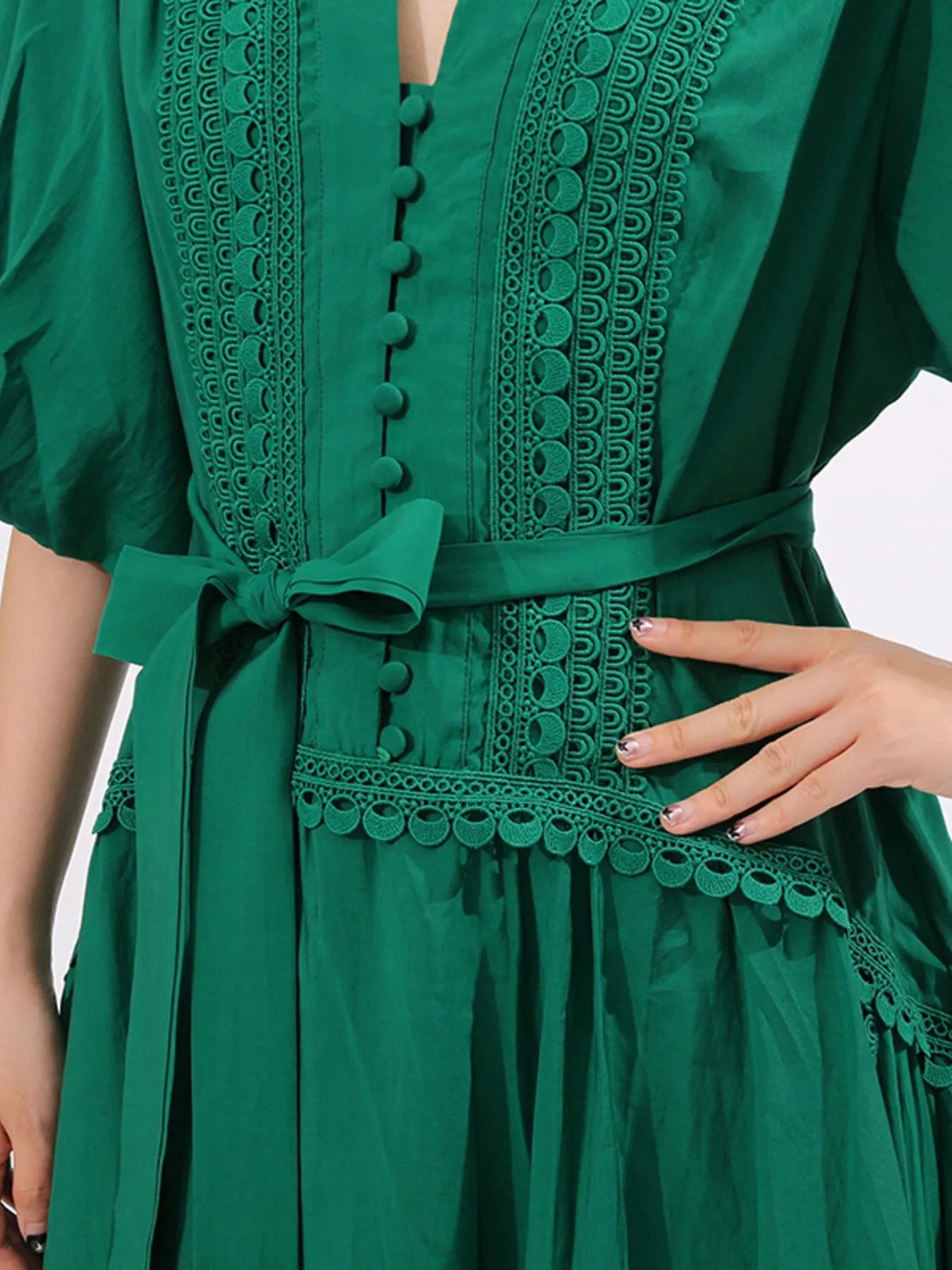 Lace Detail Notched Puff Sleeve Maxi Dress - TrendNest