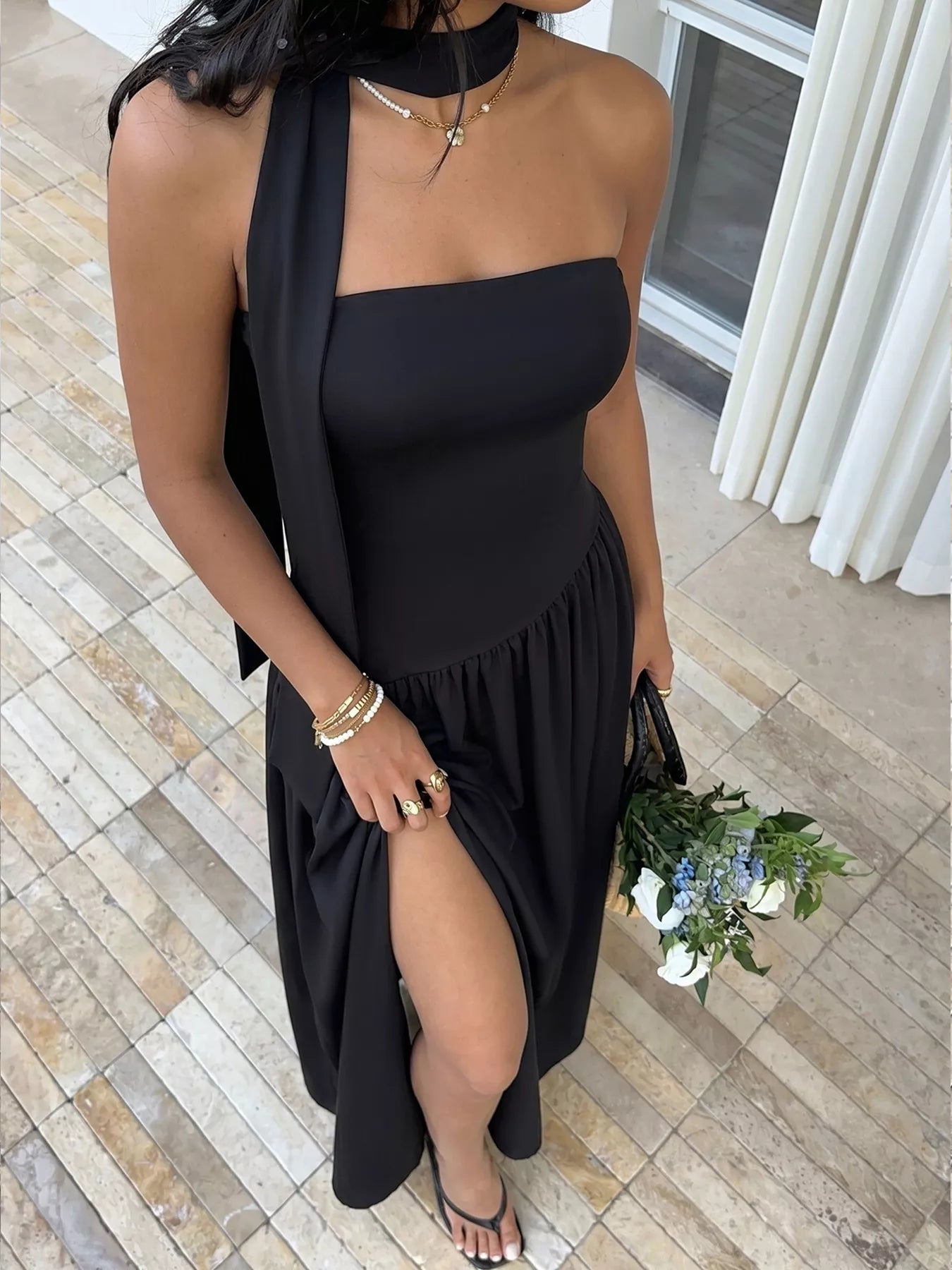Slit Tube Maxi Dress with Scarf - TrendNest